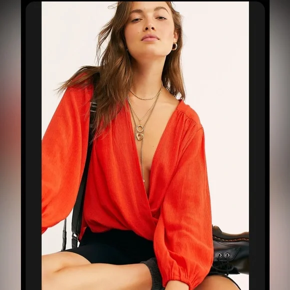 NWT Free People Wrap Front Top, Bright Red, Size Medium - Picture 2 of 9